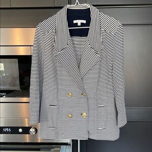 Cabi Navy and White Striped Double-Breasted Blazer